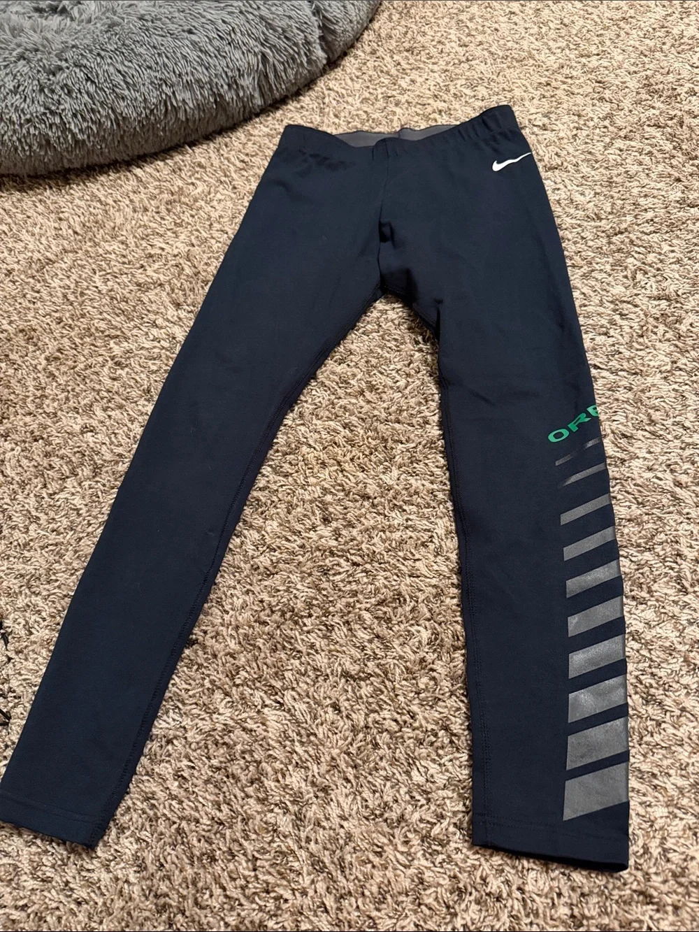 Nike Black Leggings with Green Oregon and Silver Reflective Stripes
